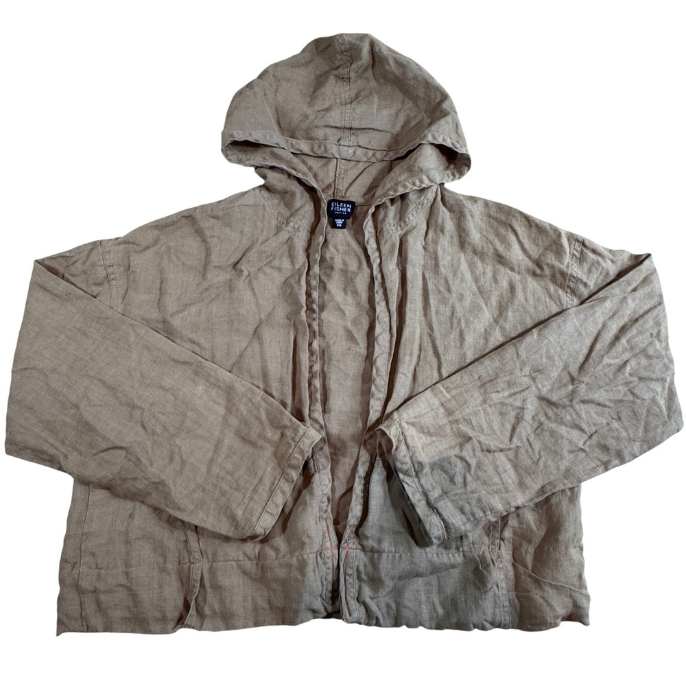 Eileen Fisher 100% Linen Hooded Open Front Jacket Brown PS Cropped Luxurious